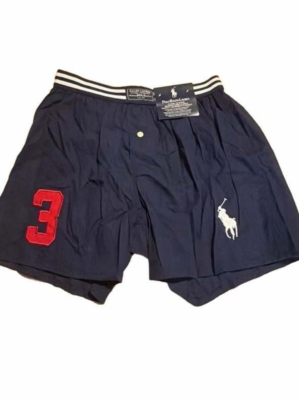 Polo Ralph Lauren Men's Navy Blue Cotton Boxer Shorts with #3 and Big Pony Embro